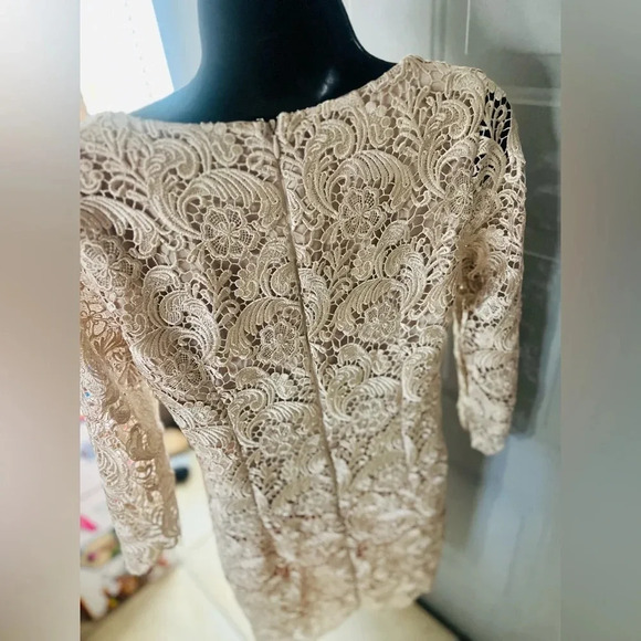 White House  & black Market brand Champagne Lace 3/4 Sleeve Mini Dress - Picture 2 of 10